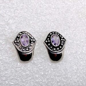 Vtg 925 Silver Amethyst Stone Studded Curved Design Stud Post Earrings | .6”